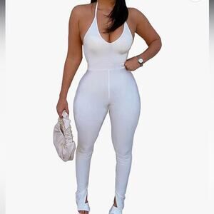 Azhong Women's Deep V Neck Spaghetti Strap jumpsuit size large NWOT